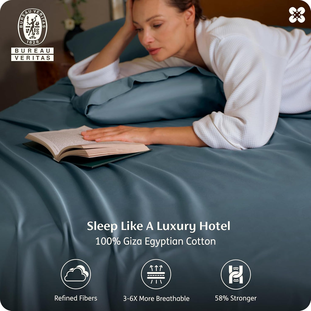 Bedsure 100% Giza Egyptian Cotton Sheets King Size - Luxury Hotel Sheets 18' Deep Pocket with 4 Corner Straps, PureWoven Soft & Beathable Sateen Weave Bedsheets (Dusty Blue,King)