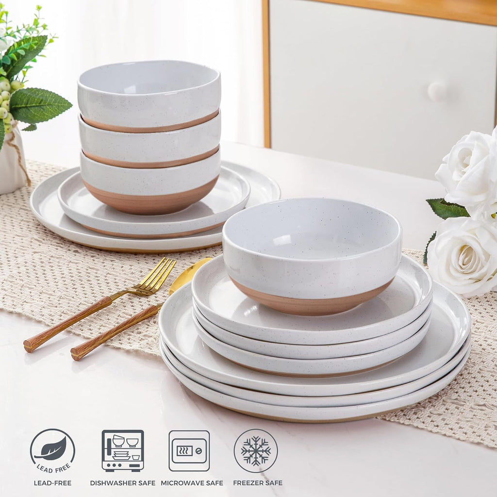 AmorArc Ceramic Dinnerware Sets with Pasta Bowls for 8, Handpainted Plates and Bowls Set with Rustic Terracotta Underside, Scratch Resistant Dishes Set, Dishwasher & Microwave Safe, 32 Pcs