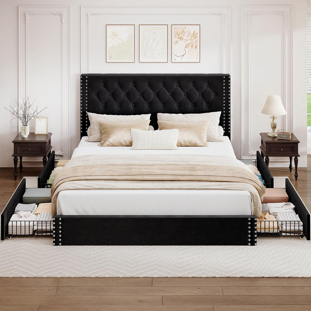 BRELTAM King Size Bed Frame with 4 Storage Drawers and Tufted Headboard Velvet Upholstered Platform Bed Frame with Heavy Duty Wood Slats, No Box Spring Needed, Black