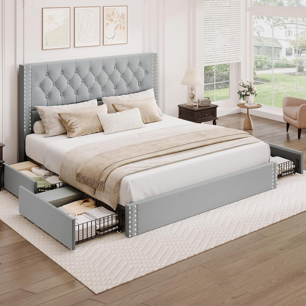 BRELTAM King Size Bed Frame with 4 Storage Drawers and Tufted Headboard Velvet Upholstered Platform Bed Frame with Heavy Duty Wood Slats, No Box Spring Needed, Bluish Grey