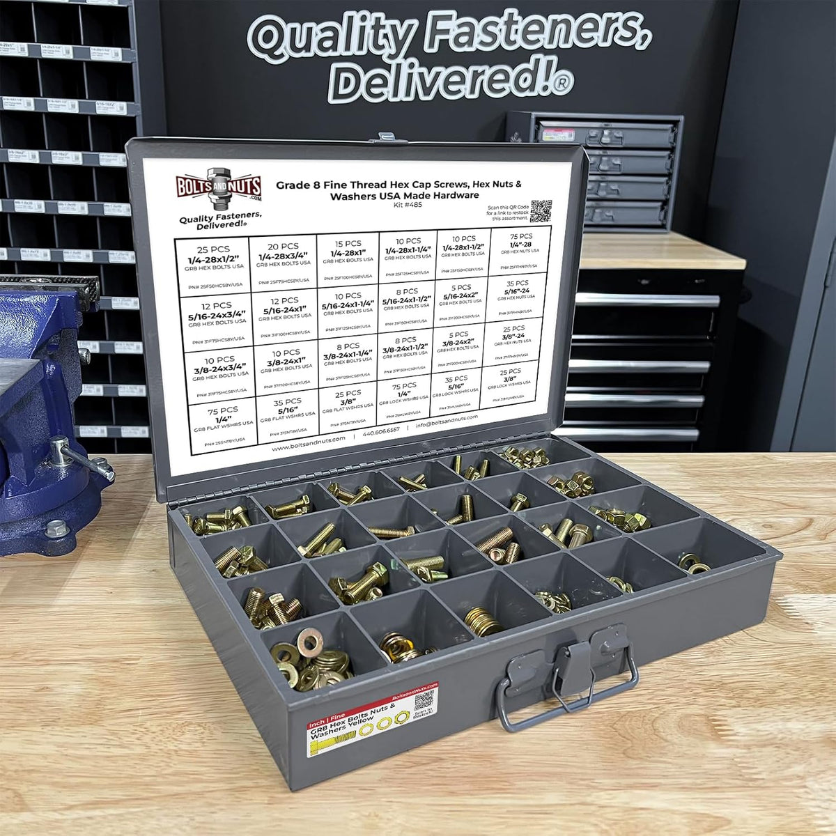 BoltsandNuts.com USA Made Grade 8 FINE Thread Hex Cap Bolts Screws, Finished Hex Nuts, Washers, Lock Washers Assortment Kit - 574 Pieces!