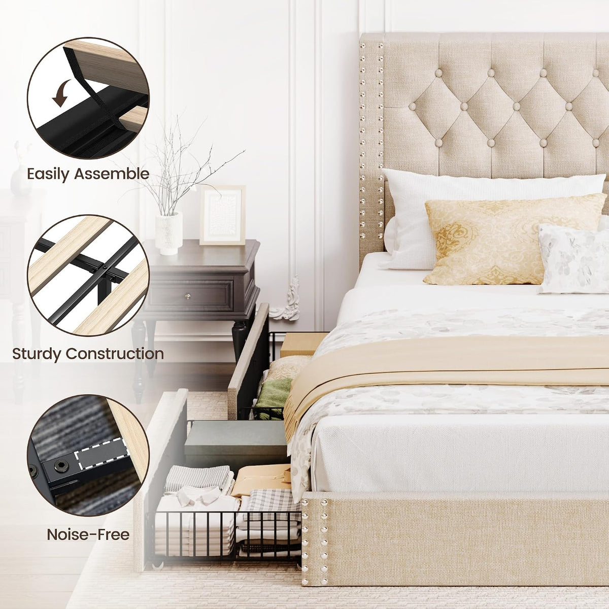 BRELTAM King Size Bed Frame with 4 Storage Drawers and Tufted Headboard Linen Upholstered Platform Bed Frame with Heavy Duty Wood Slats, No Box Spring Needed, Beige