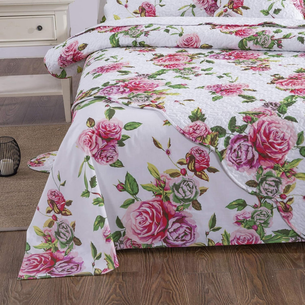 DaDalogy Bedding 10-Pieces Floral Bed in a Bag Set - Romantic Roses Lovely Blooming Pink Bedspread Fitted & Flat Sheets Set w/Throw Euro Sham Pillow Covers & Window Curtain Valance - Twin Size