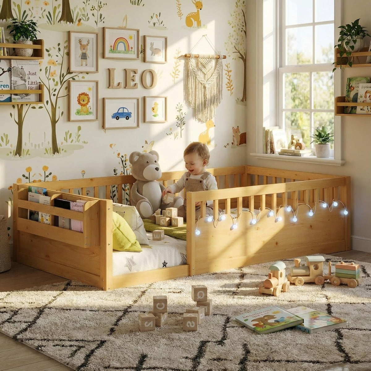 Montessori Floor Bed with High Rails,Twin Size Floor Bed Frame for Kids, LED Lights & Storage Shelf, Safe & Wider Opening Gate Design, Playground & Sleep Space for Girls Boys,Natural