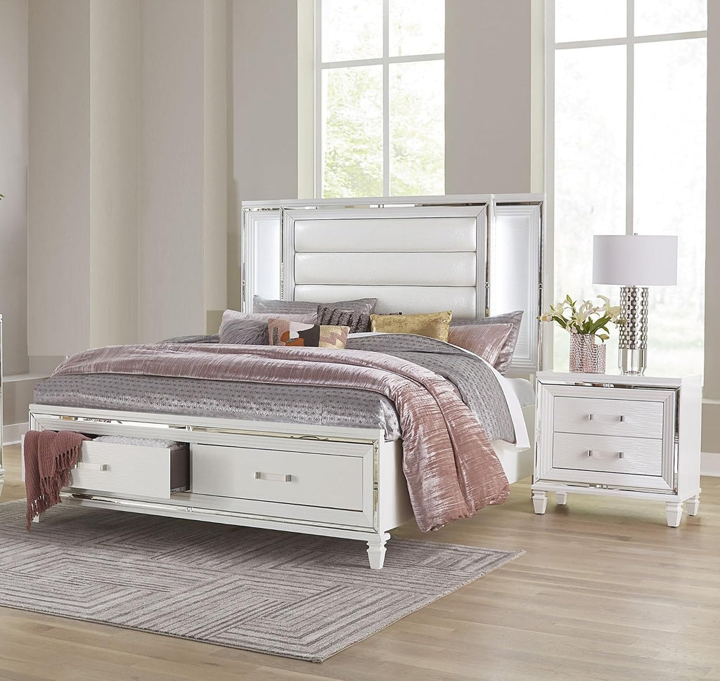 Glam Luxury White Finish 3-Piece Bedroom Set King Size Platform Stoarge Bed and Two Nightstands Tufted LED Headboard Wooden Furniture