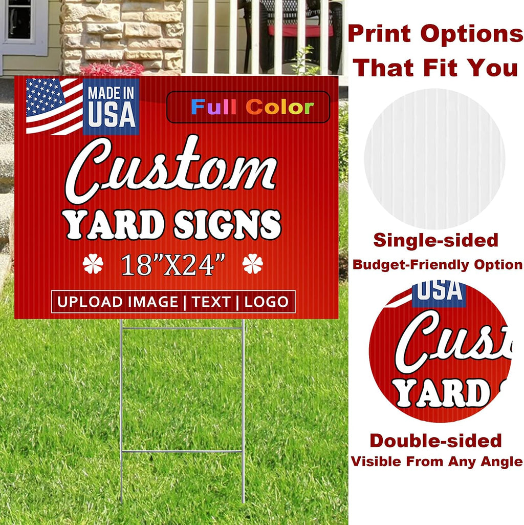 24'X18'Custom Yard Signs |Pack of 20 Double Sided, 4mm Weatherproof Corrugated Plastic, with Metal 'H' Stake,Outdoor Customizable Sign Cutout, Made in USA, Quick Production & Shipping