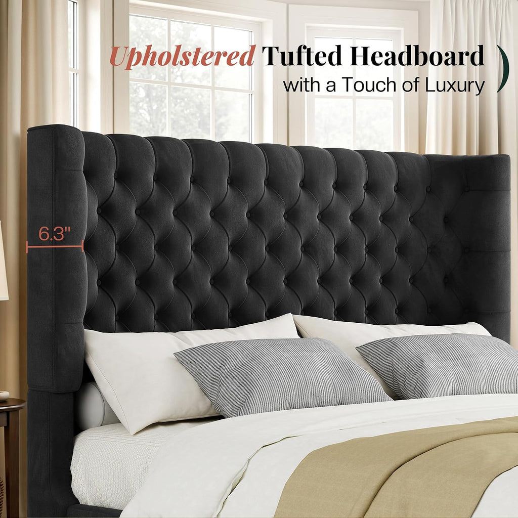 Jocisland King Size Platform Bed Frame, 6.3' Thick Upholstered Curved Wingback Deep Button Tufted Headboard and Footboard, No Box Spring Needed, Easy Assembly, Black Velvet