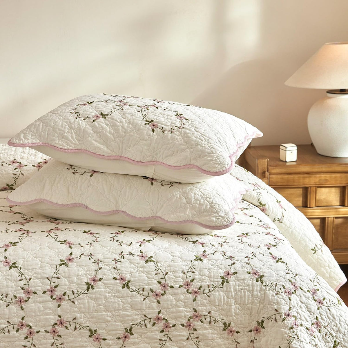 MarCielo 3Pcs Cotton French Country Floral Quilt Bedspread Set Cottagecore Style TC154