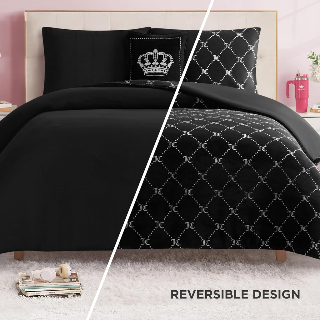 Juicy Couture Plush Reversible Trellis Link 4-Piece King Comforter Set with Decorative Pillow, Black