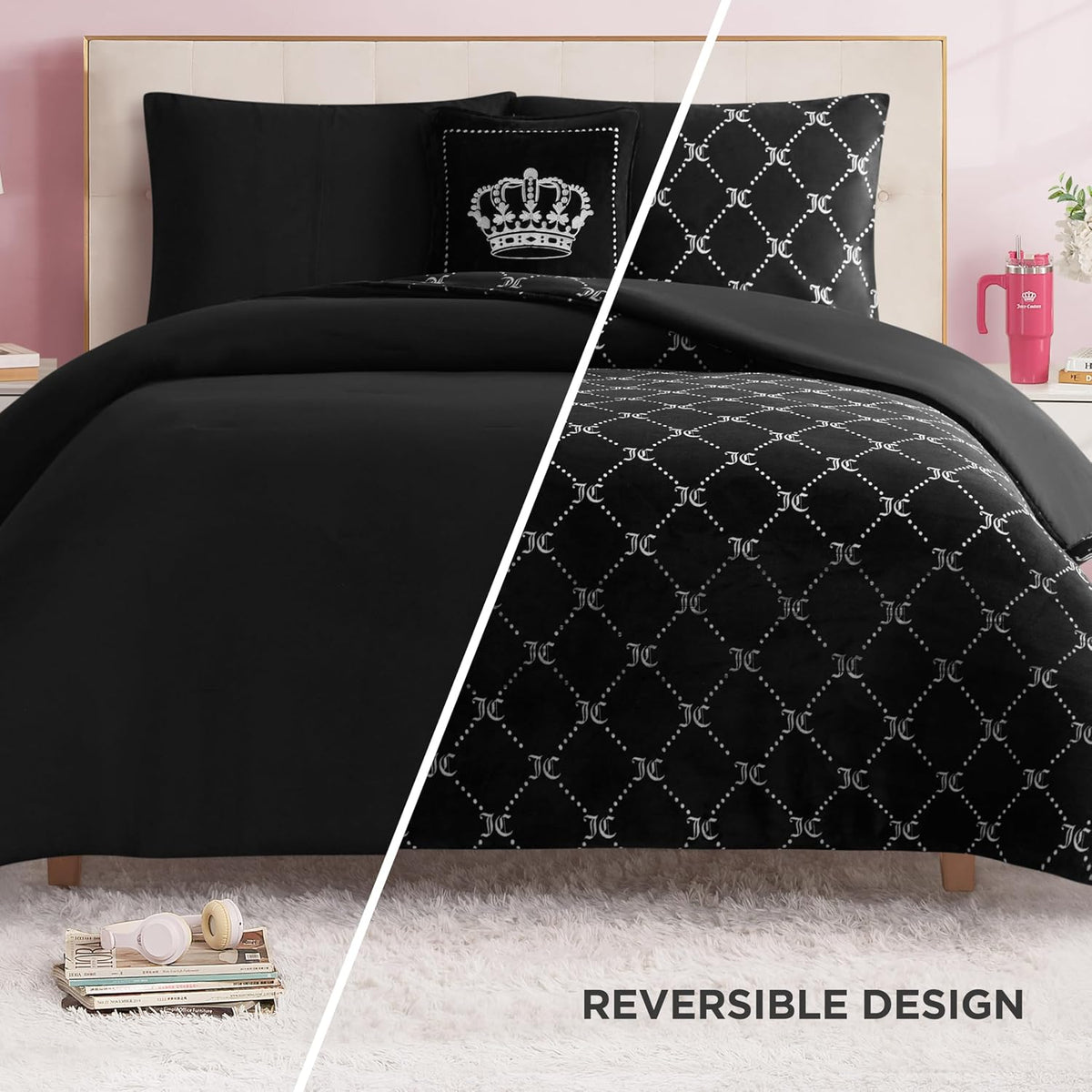 Juicy Couture Plush Reversible Trellis Link 4-Piece King Comforter Set with Decorative Pillow, Black