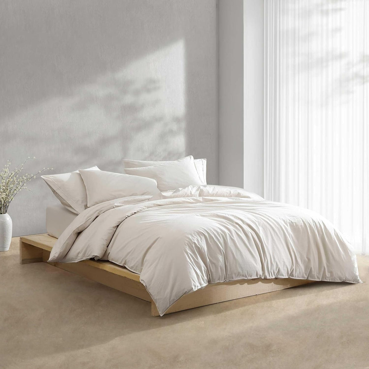 Calvin Klein - Queen Comforter Set, Modern Cotton Washed Percale Bedding with Matching Shams, Oeko-Tex Certified (Washed Percale Light Beige, Queen)