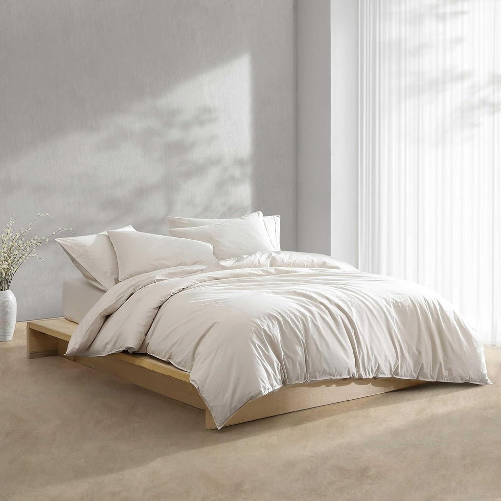 Calvin Klein - King Comforter Set, Modern Cotton Washed Percale Bedding with Matching Shams, Oeko-Tex Certified (Washed Percale Light Beige, King)