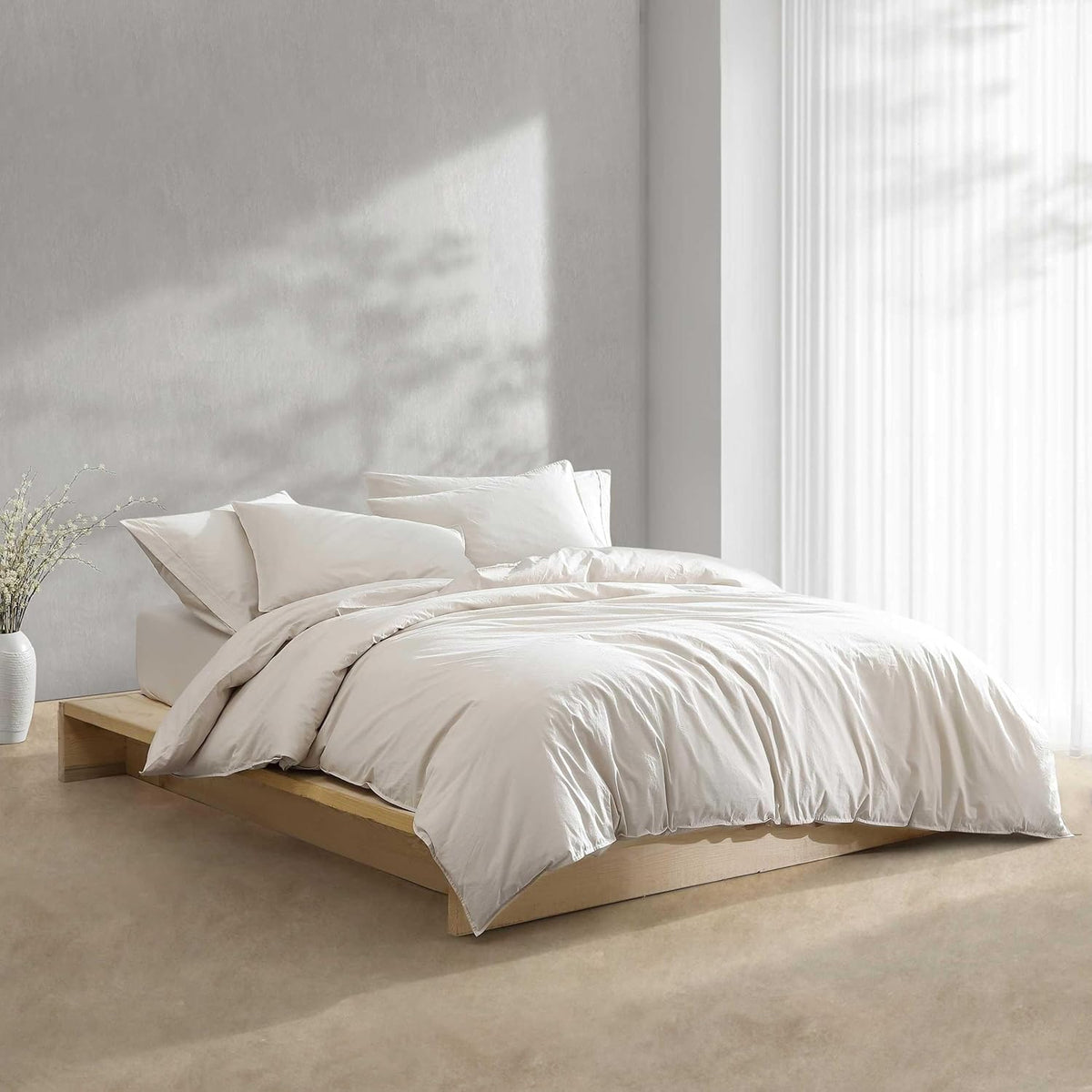 Calvin Klein - King Comforter Set, Modern Cotton Washed Percale Bedding with Matching Shams, Oeko-Tex Certified (Washed Percale Light Beige, King)