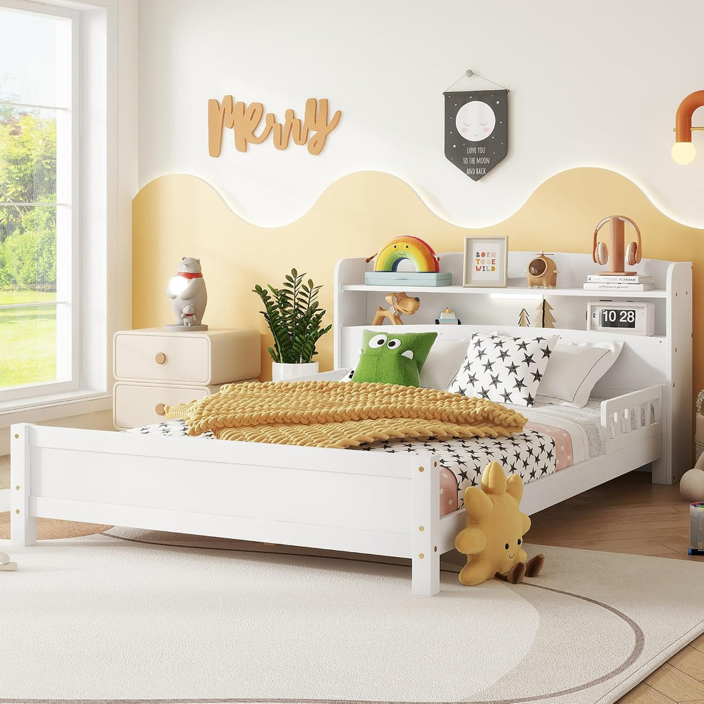 Full Size Kids Bed, Wood Kids Bed with Storage Bookcase & Headboard, Beds Frames with Rails & LED Motion Sensor Light, for Boys and Girls, White