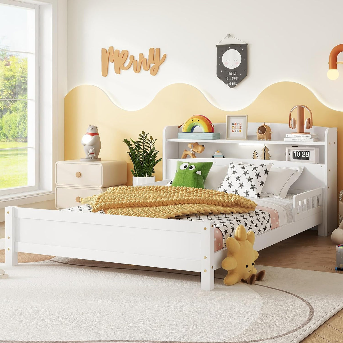 Full Size Kids Bed, Wood Kids Bed with Storage Bookcase & Headboard, Beds Frames with Rails & LED Motion Sensor Light, for Boys and Girls, White