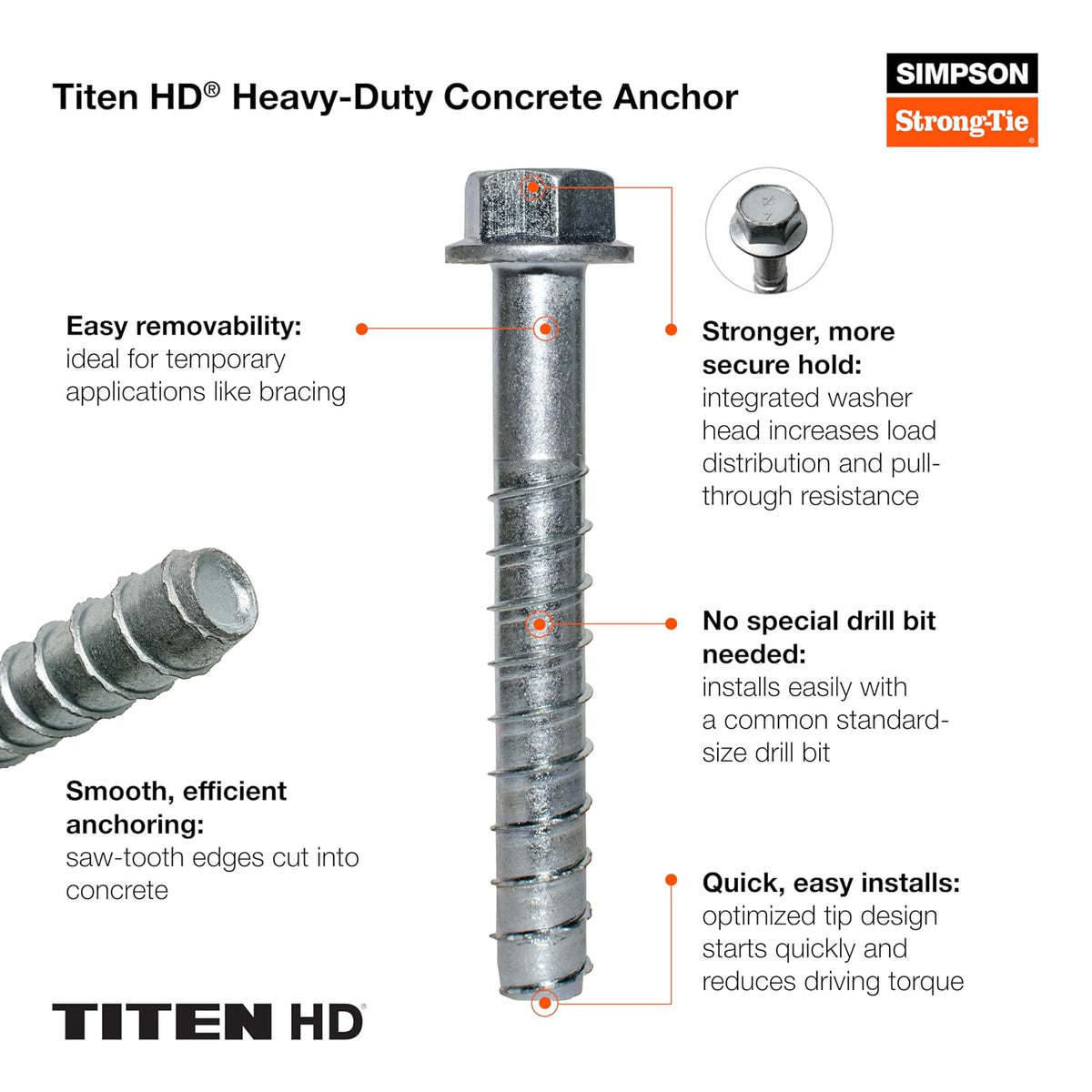 Simpson Strong-Tie THDB62100H 5/8 Inch x 10 Inch, Hex Washer Head, Zinc Plated Titen HD Heavy-Duty Screw Anchor for Concrete, Easy Installation (Pack of 10)