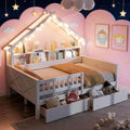 Bellemave Full Size Kids House Bed with Storage Drawers and Led Lights, Solid Wood House Frame Kids Bed with Bookshelf and Roof for Boys,Girls,White