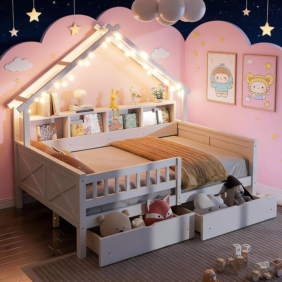 Bellemave Full Size Kids House Bed with Storage Drawers and Led Lights, Solid Wood House Frame Kids Bed with Bookshelf and Roof for Boys,Girls,White