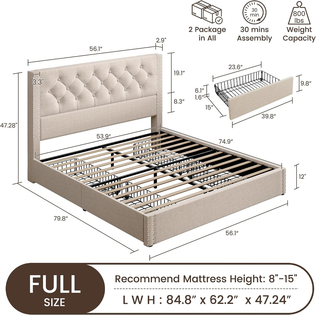 BRELTAM Full Size Bed Frame with 4 Storage Drawers and Tufted Headboard Linen Upholstered Platform Bed Frame with Heavy Duty Wood Slats, No Box Spring Needed, Beige