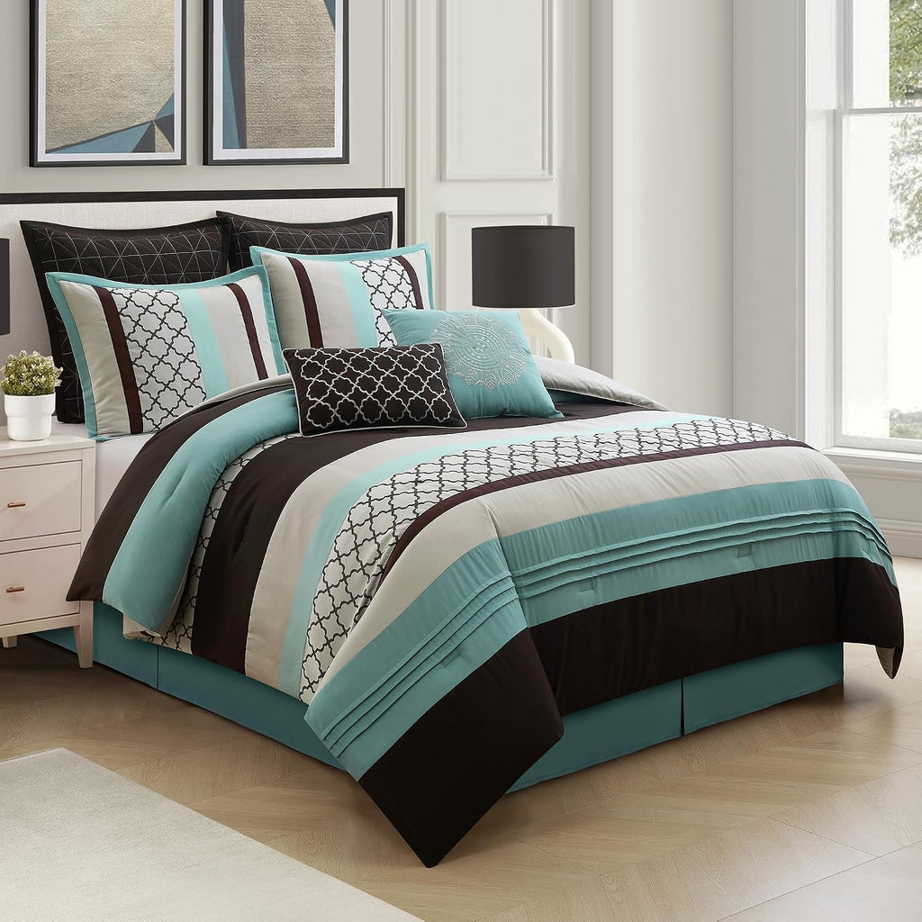 LANCO MODERN LIFESTYLE California King Comforter Set, Aqua Brown Bedding Set, Jacquard Woven with Embroidery, 8 Pieces Bed in a Bag, Bed Skirt, Shams and Decorative Pillows