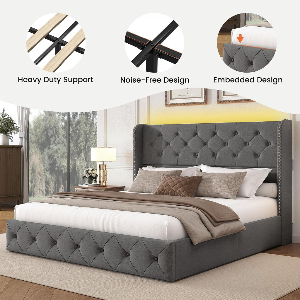 LARMACE Queen Size Bed Frame with LED Lights and 4 Storage Drawers Linen Upholstered Platform Bed Frame with 47.2' Tall Tufted Headboard Wingback, No Box Spring Needed, Easy to Assemble, Grey