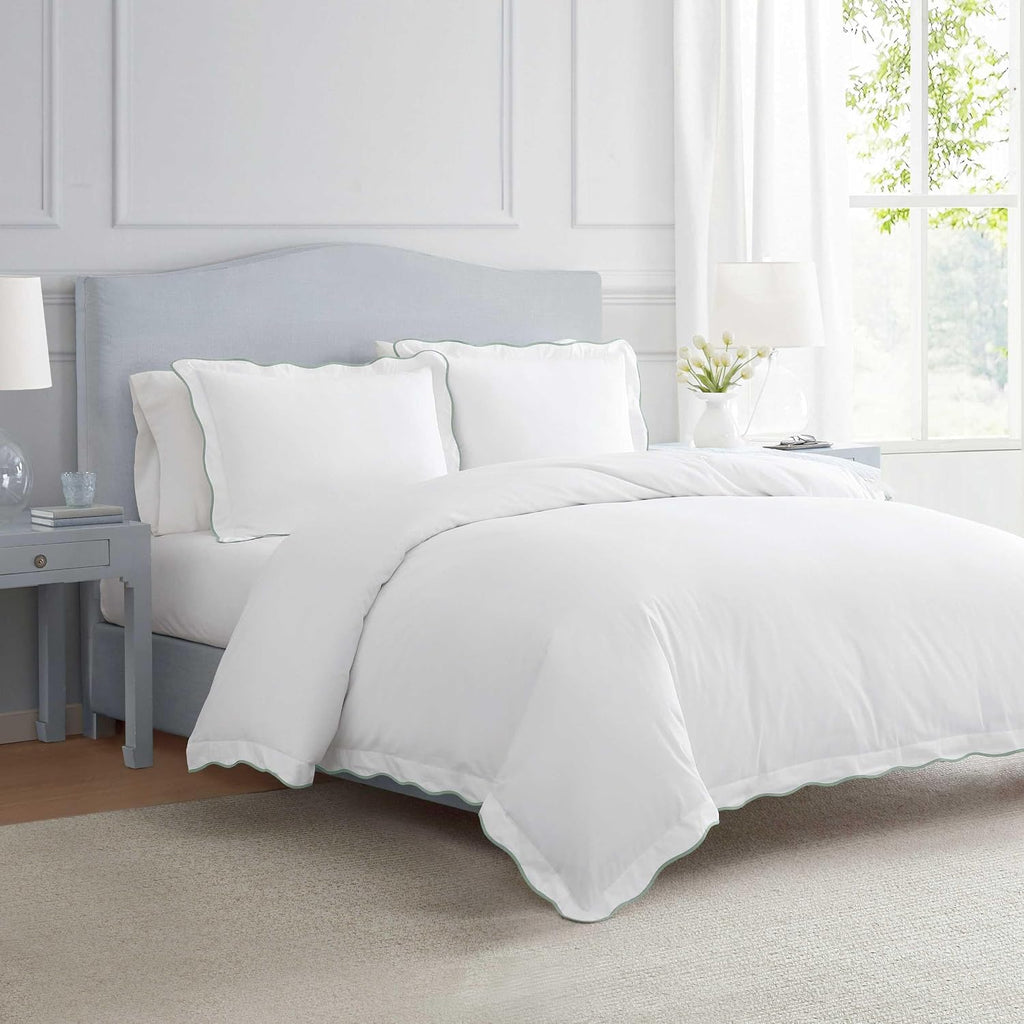Martha Stewart - Queen Duvet Cover Set, 100% Soft Cotton Bed Set with a Smooth Cotton Percale Reverse, 3 Piece Bedding with Matching Pillowcases (Simple Scallop Green)