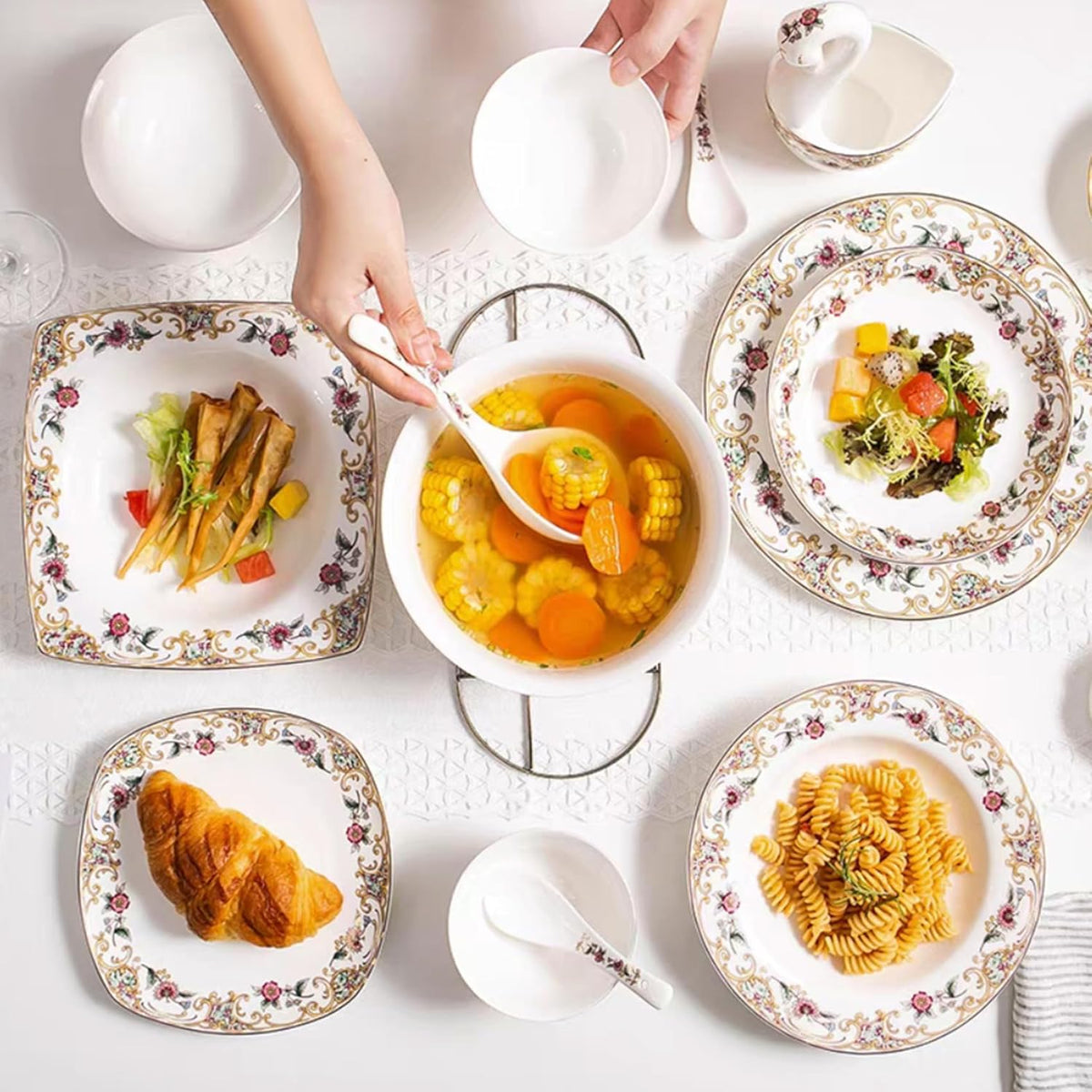 ACMLIFE Bone China Dinnerware Set for 4, 12-Piece Vintage Floral Dinnerware Set, Kitchen Plates and Bowls Set, Christmas Gifts for Women (White)