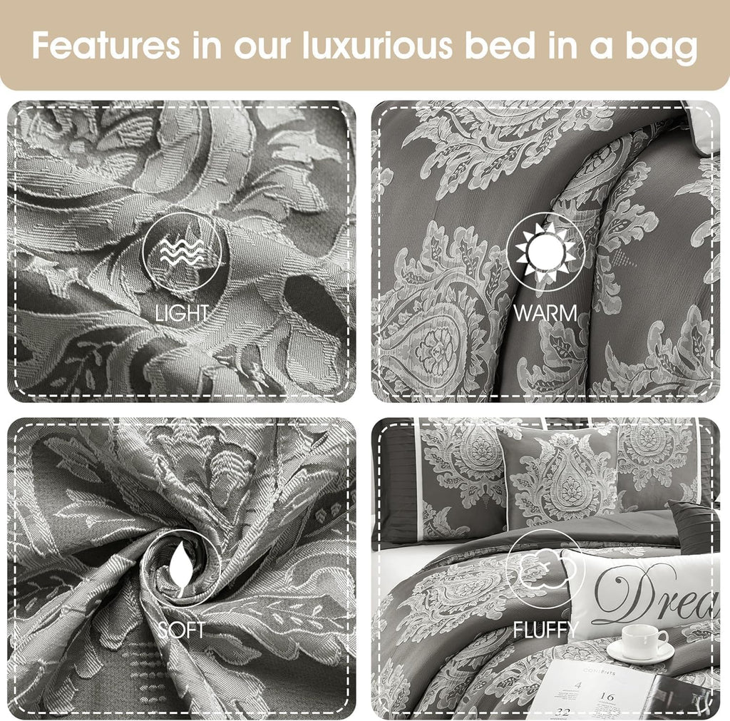 Grand Avenue Grey 7PC Comforter Set King Size, Jacquard with Matching Solid Piecework Bedding Set, All Season, Bedskirt, Pillows & Shams