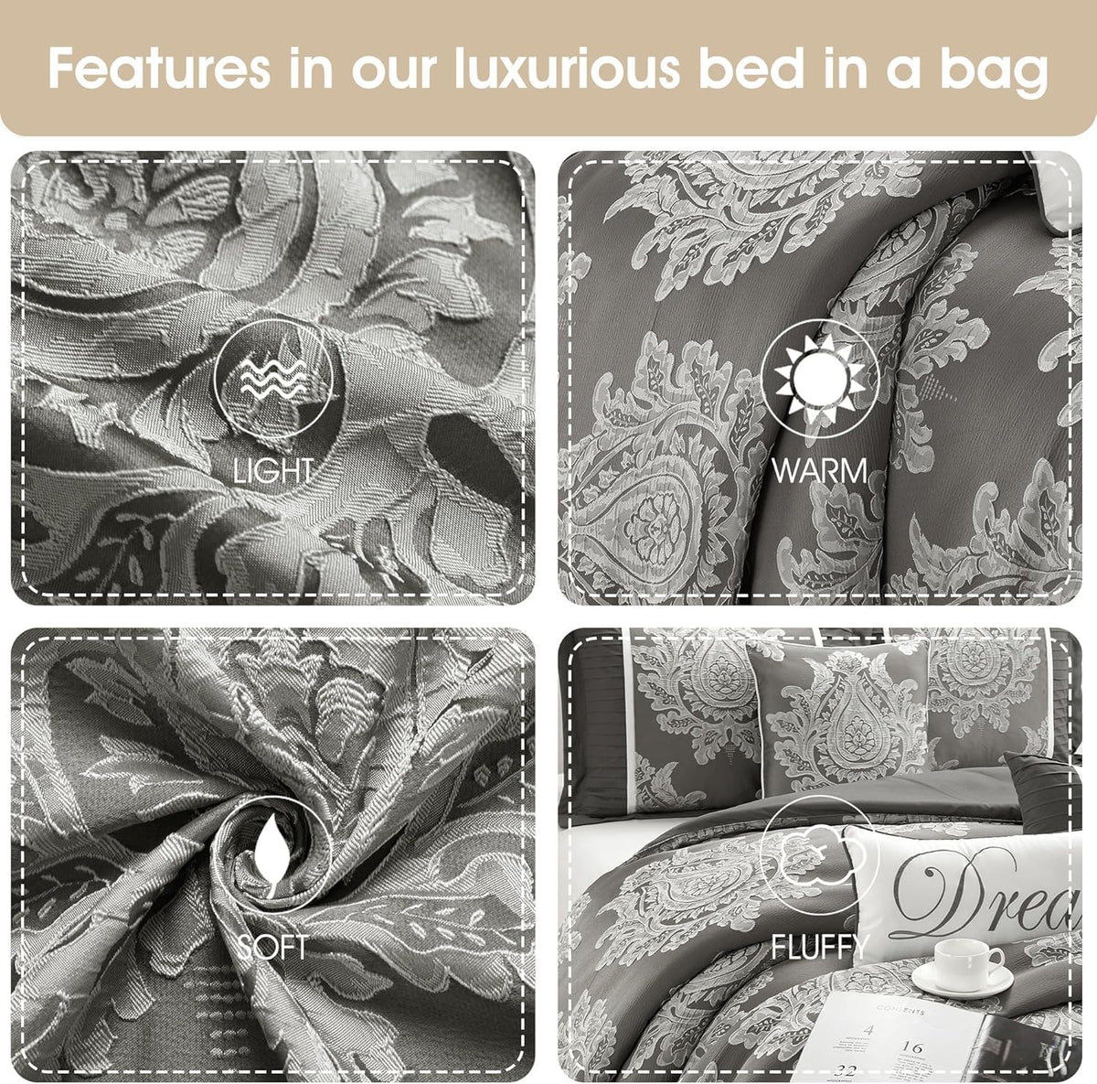 Grand Avenue Grey 7PC Comforter Set King Size, Jacquard with Matching Solid Piecework Bedding Set, All Season, Bedskirt, Pillows & Shams