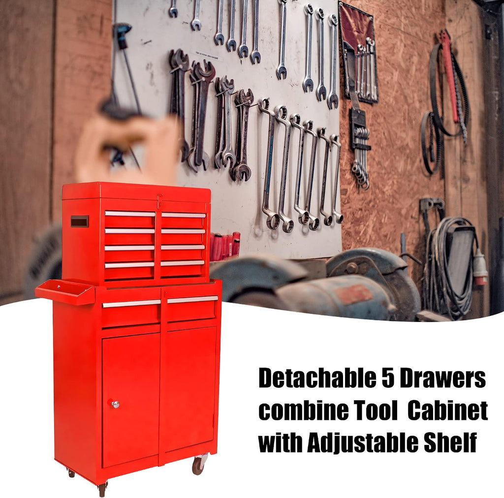 5-Drawer Tool Chest, Rolling Tool Box with Detachable Top Toolbox & Universal Wheels, Tool Cabinet with Lock Bar, Protective Liner & Tool Rack, Metal Storage Cart for Workshop,Garage (Red)