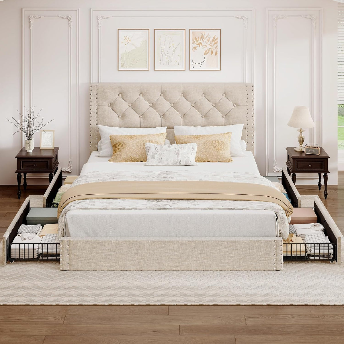 BRELTAM Queen Size Bed Frame with 4 Storage Drawers and Tufted Headboard Linen Upholstered Platform Bed Frame with Heavy Duty Wood Slats, No Box Spring Needed, Beige