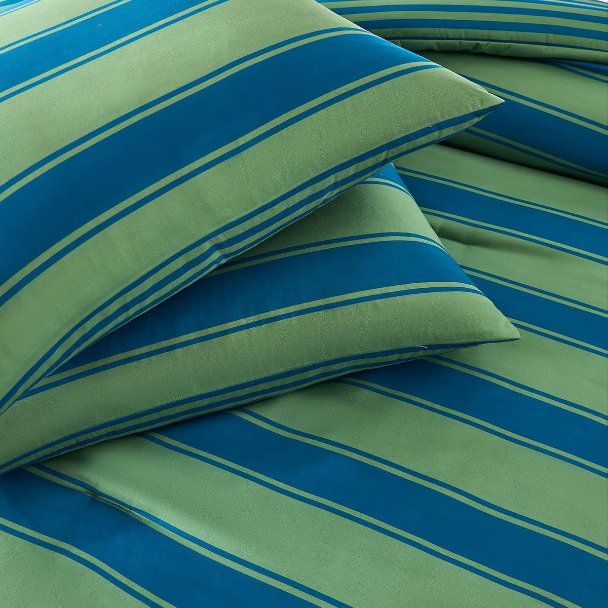 Lush Decor Gale Cabana Stripe? Reversible Comforter 3 Piece Set Full/Queen Blue & Sage - Striped Bedding Set - Green Comforter - Modern Coastal Decor