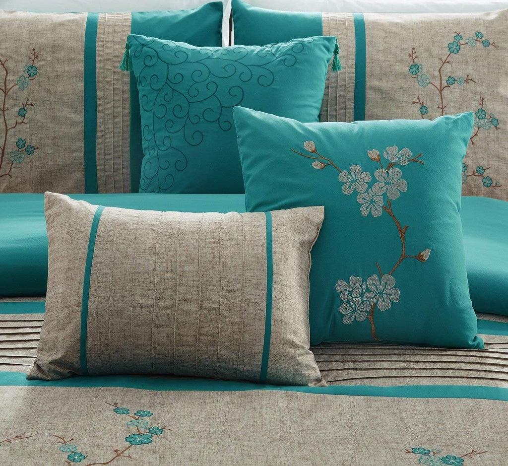 Chezmoi Collection Noriko Luxury 7-Piece Teal Cherry Blossoms Floral Embroidery Bedding Comforter Set, King