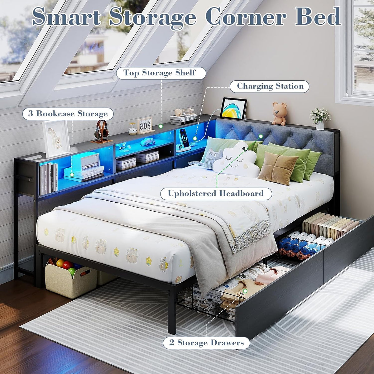 Corner Bed Frame Twin Size with Storage Bookcase and Headboard, Platform Corner Bed with LED Lights and Charging Station, Twin Size Daybed with Storage Drawers for Kids Teens Guests, Dark Gray
