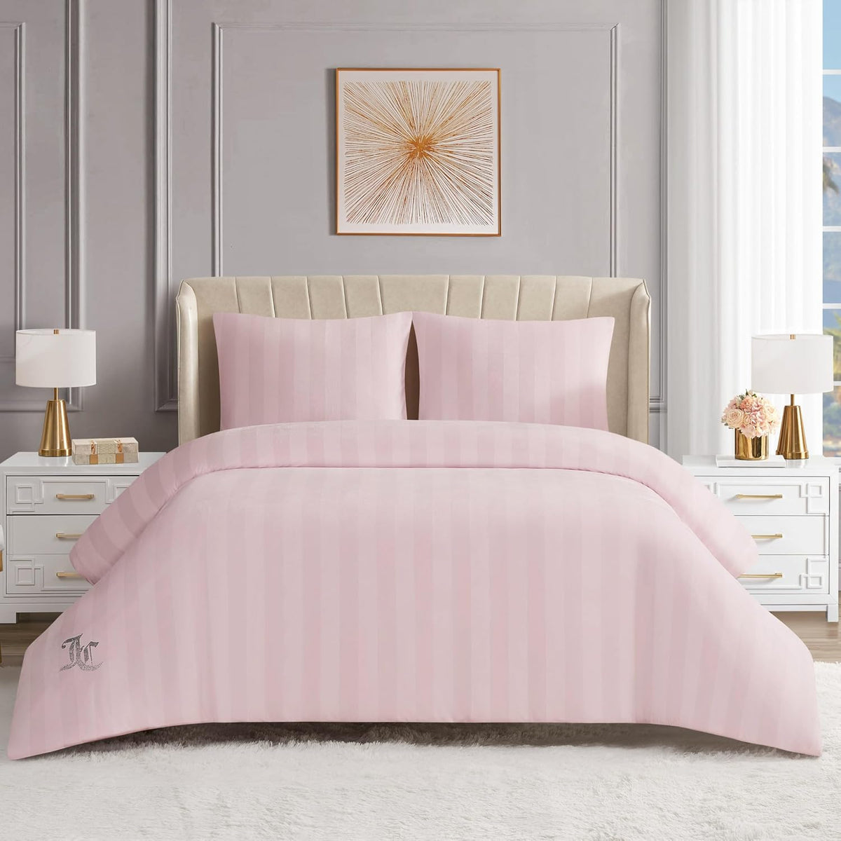 Juicy Couture Jenny Velour Striped Jacquard King Size Comforter Bedding Set Ensemble - Pink 3 Piece Set