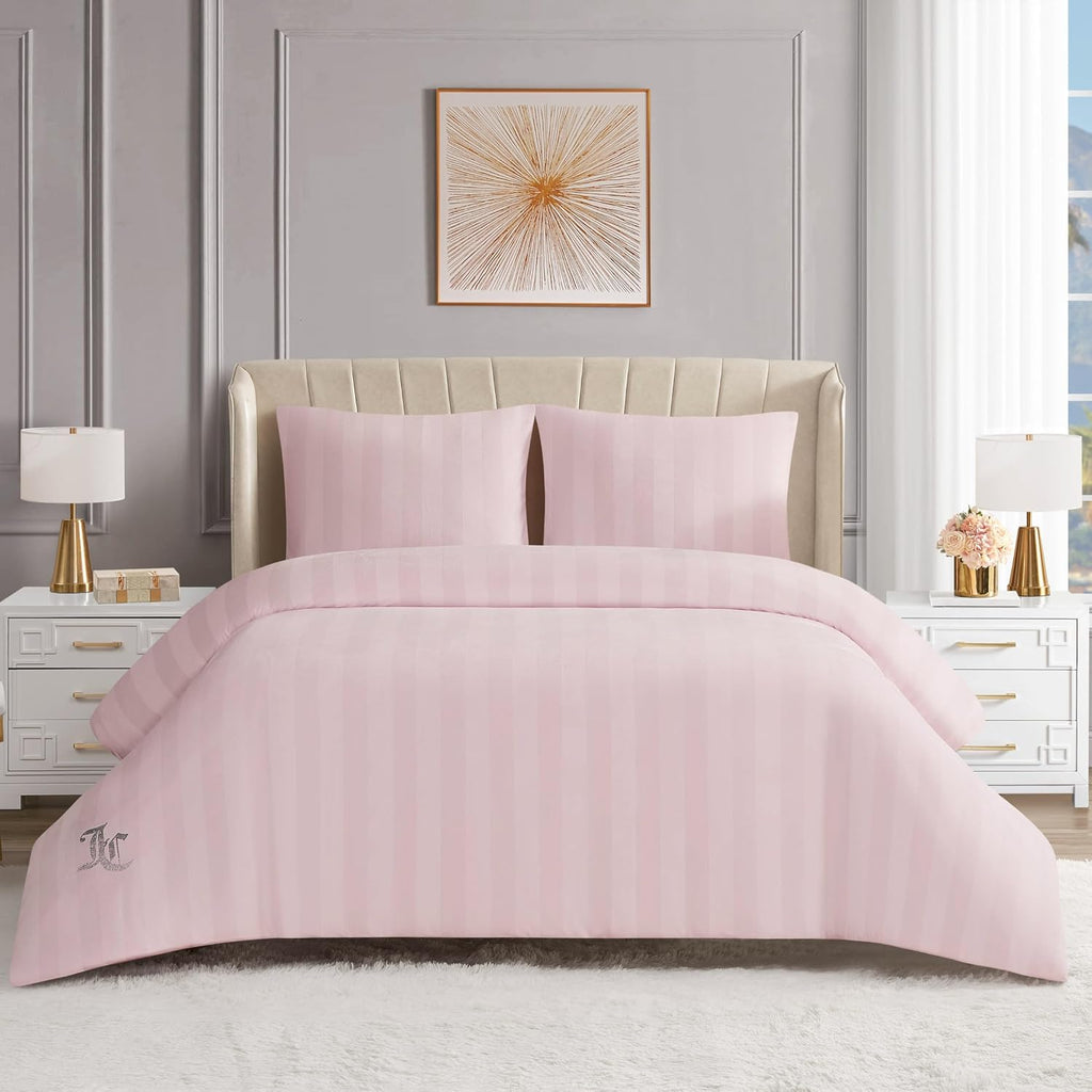 Juicy Couture Jenny Velour Striped Jacquard Queen/Full Size Comforter Bedding Set Ensemble - Pink 3 Piece Set