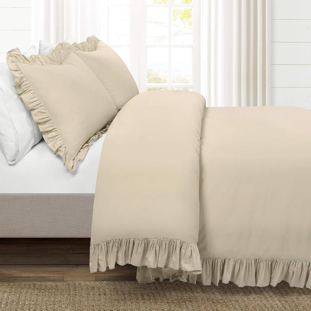 Lush Decor Reyna Ruffle Cotton Duvet Cover Set 3 Piece Set Full/ Queen, Wheat - Queen Size Bedding Set - Beige Duvet Queen- Ruffled Bedding - Coquette Decor