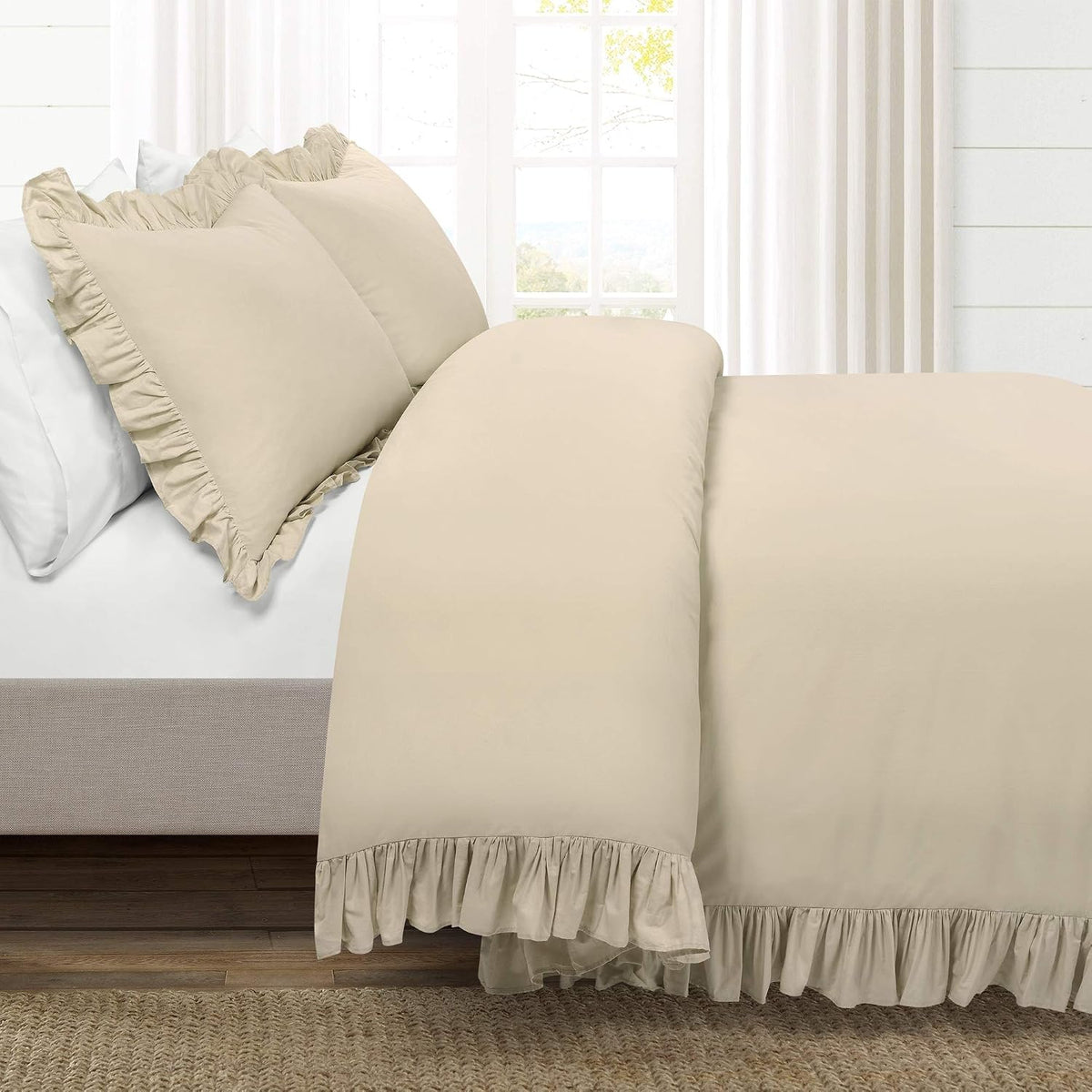 Lush Decor Reyna Ruffle Cotton Duvet Cover Set 3 Piece Set Full/ Queen, Wheat - Queen Size Bedding Set - Beige Duvet Queen- Ruffled Bedding - Coquette Decor