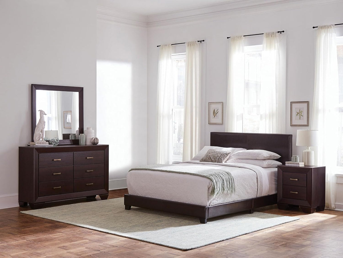 Coaster Home Furnishings Dorian Transitional 4-Piece Bedroom Set Leatherette Upholstered Eastern King Size Panel Bed Frame 46-inch Headboard Dark Cocoa 300762KE-S4