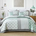 Finlonte Quilts Queen Size, 100% Cotton Queen Comforter Set, Green Grey Farmhouse Quilted Bedspread, Patchwork Lightweight Reversible Quilt Bedding Set for Queen Bed, 3-Pieces