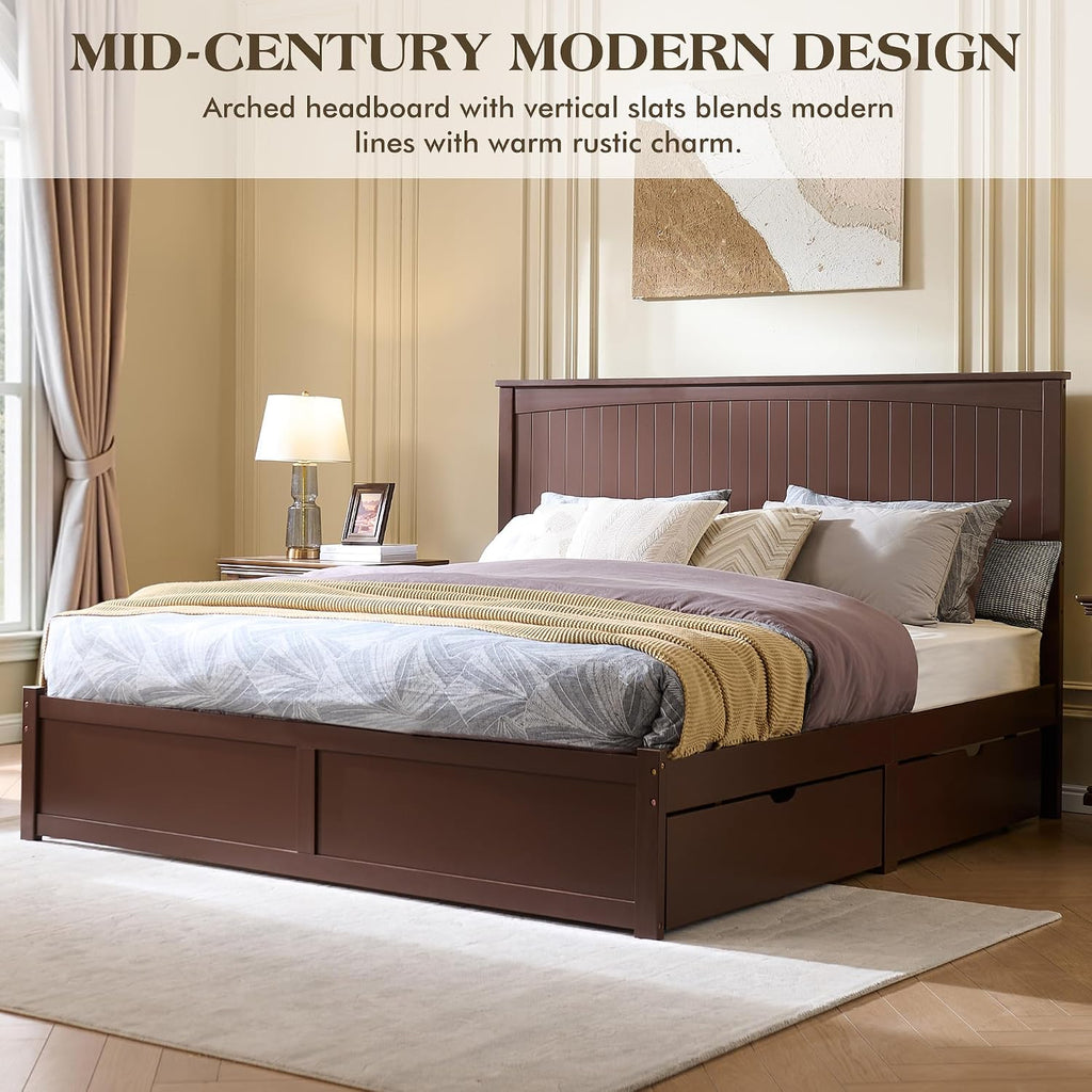LUXOAK Full Size Solid Wood Bed Frame with Storage, Mid-Century Modern Platform Bed with 50' Headboard & 2 Drawers, No Box Spring Needed/Quiet Support/Easy Assembly/Espresso Brown Finish