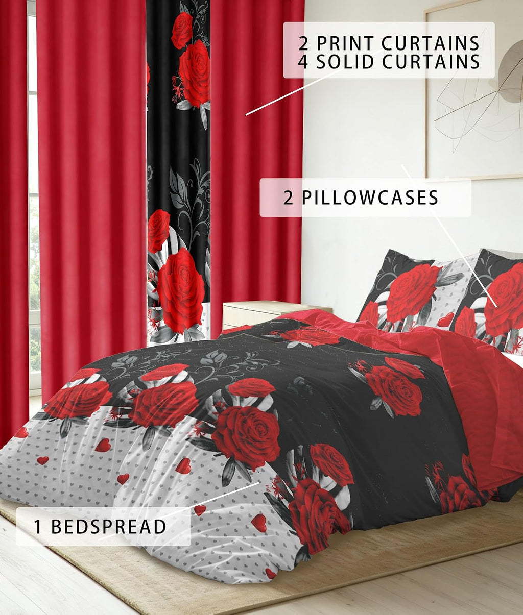 9 pcs Cal King Bed in a Bag with Curtains | Boho Red Rose Bedspread, Pillowcases, Print & Solid Curtains | Microfiber, Moisture-Wicking | Bedspread and Curtain Sets | RV & Outdoor Ready