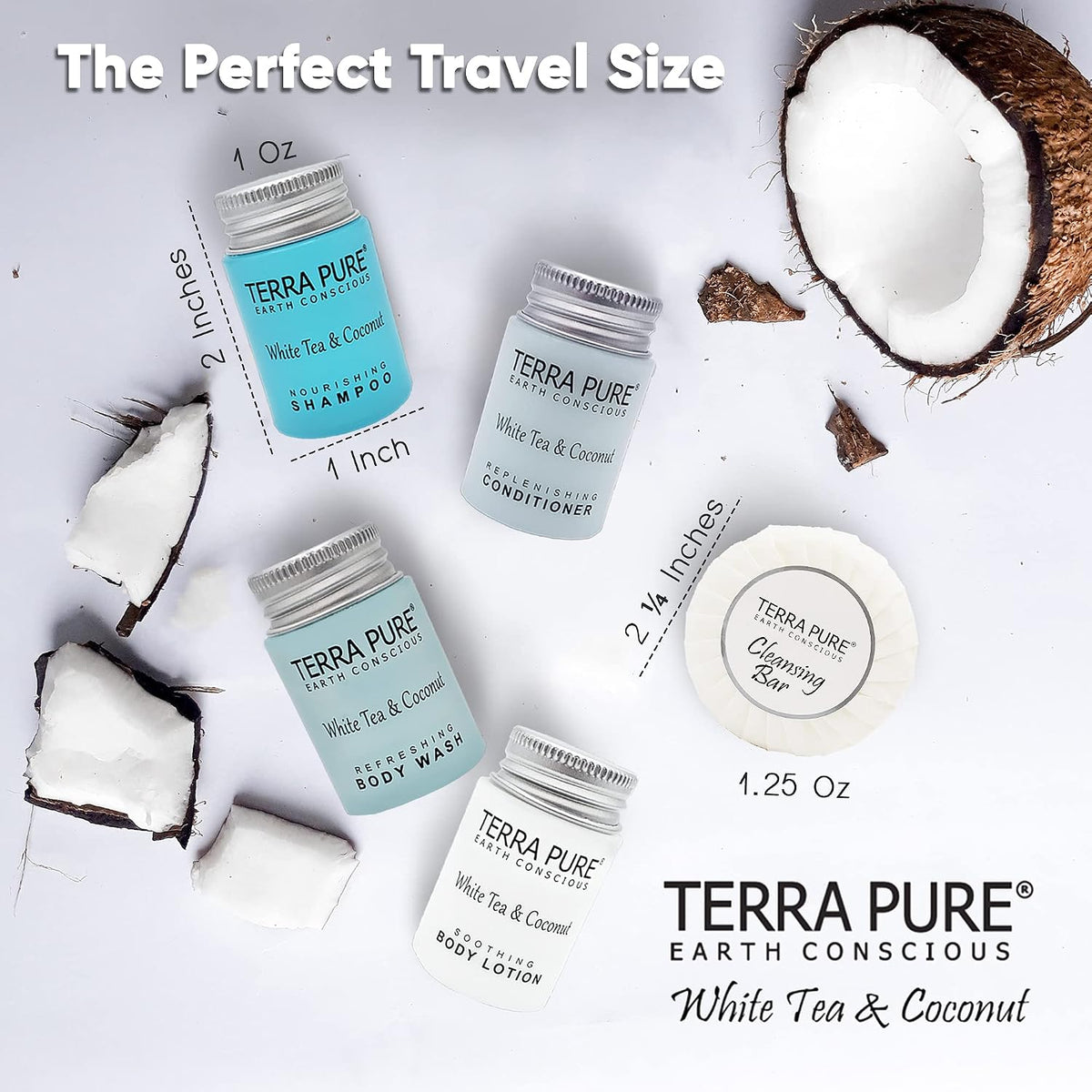 Terra Pure White Tea & Coconut Toiletries Set | 1-Shoppe Amenities Kit | 1oz Shampoo & Conditioner, Body Wash, Lotion, 1.25oz Bar Soap | Travel Size | 300 Pieces