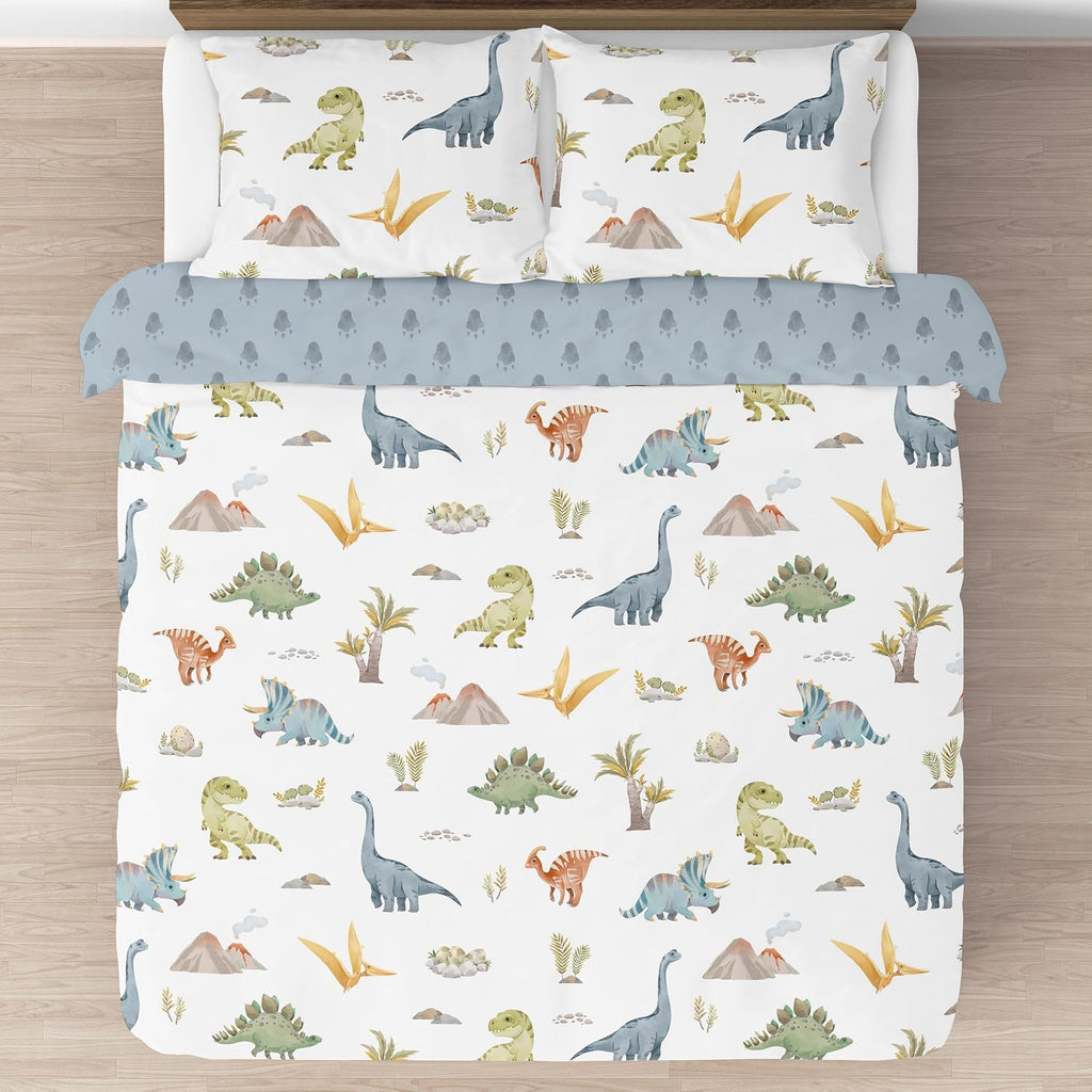 Sweet Jojo Designs Watercolor Dinosaur Dino Boy Queen Comforter Set Full Size Bedding Kids Teen Adult Bed Room 3p Green Slate Blue White Modern Dinosaurs Jurassic Nature Animal Steel Turquoise Yellow