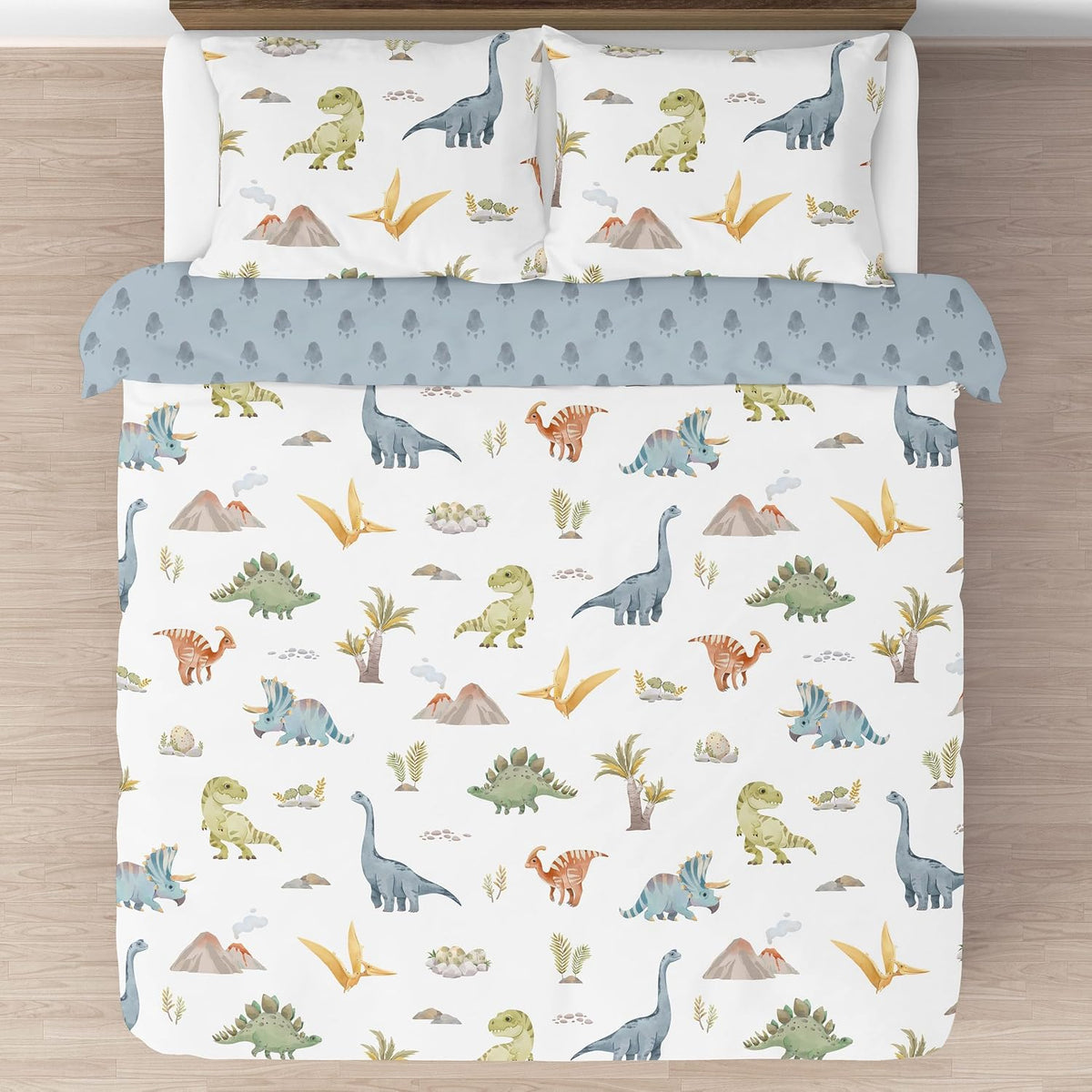 Sweet Jojo Designs Watercolor Dinosaur Dino Boy Queen Comforter Set Full Size Bedding Kids Teen Adult Bed Room 3p Green Slate Blue White Modern Dinosaurs Jurassic Nature Animal Steel Turquoise Yellow
