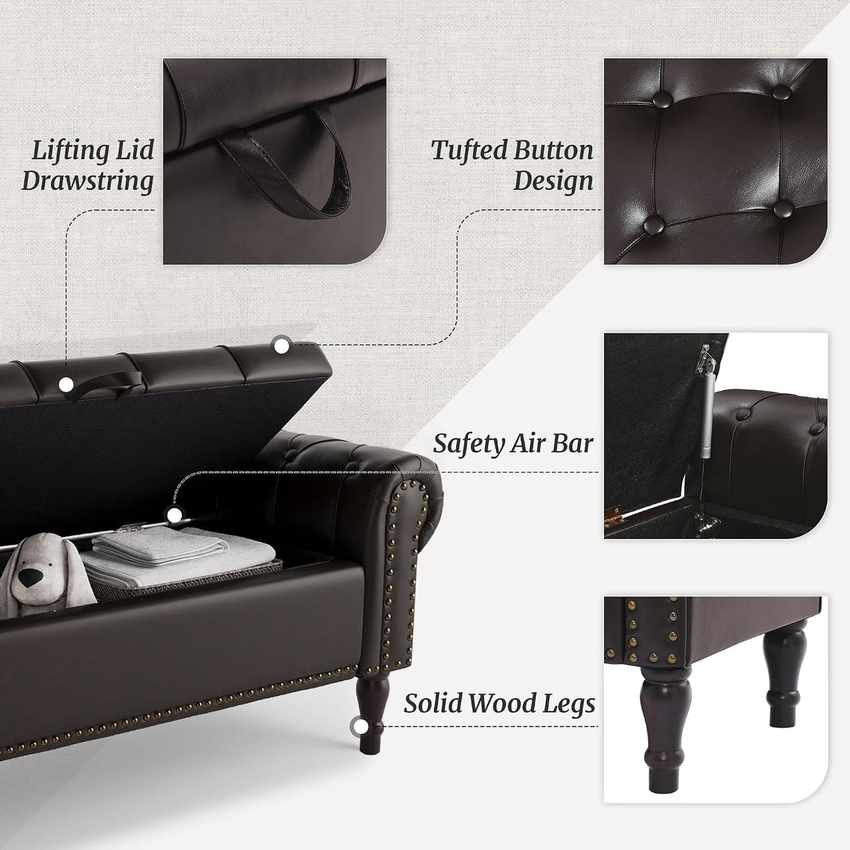 Cozyman Storage Bench Ottoman, 61' Faux Leather Rolled Arm Bedroom End of Bed Bench, Window Bench with Button Tufted and Nailhead Trim for Foot of Bed Bench, Bedroom, Entryway, King Size, Dark Brown