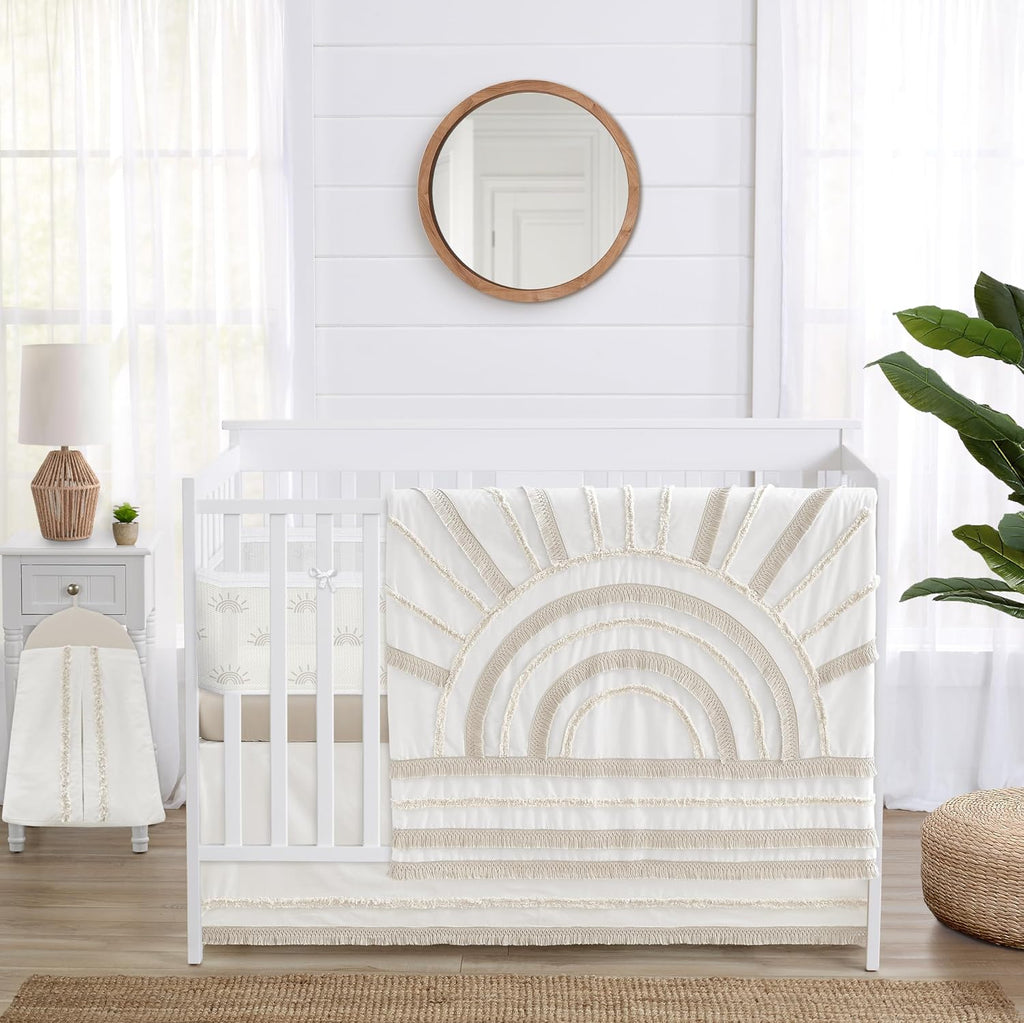 Sweet Jojo Designs Ivory Boho Chic Sun Boy Girl Gender Neutral Baby Crib Bedding Set Infant Nursery Room BreathableBaby Breathable Mesh Crib Liner 6p Off White Cotton Bohemian Farmhouse Shabby Tufted