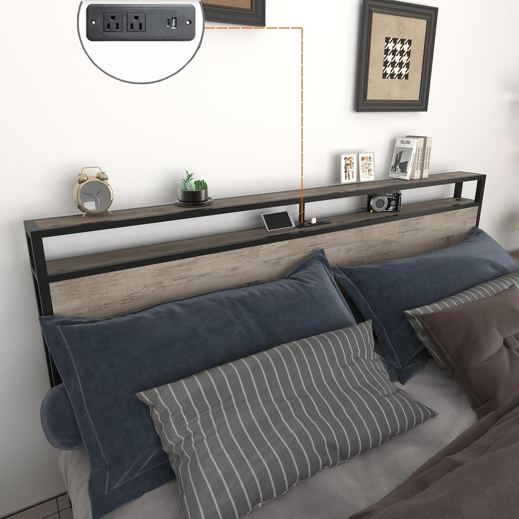 King Bed Frame with 4 Storage Drawers,Storage Headboard with Charging Station, Solid and Stable, Noise Free, No Box Spring Needed, Easy Assembly,Gray(King)