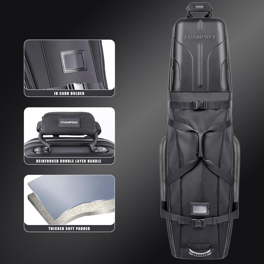 CHAMPKEY Professional Golf Travel Bags for Airlines with Password Lock - Hard Case Golf Travel Bag with Support Pole and Oversized Wheels