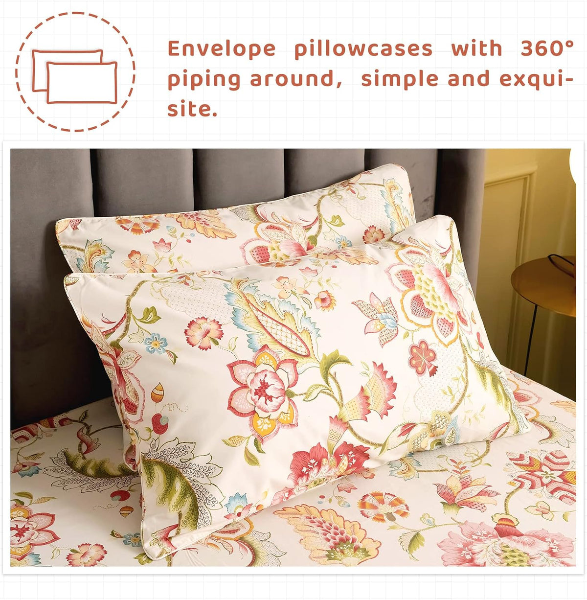 QSH Floral King Size Sheet Sets - Lotus Botanical Print Printed Bedding 100% Egyptian Cotton Sheets for King Size Bed Sheets with Deep Pockets Extra Soft and Breathable 4pcs